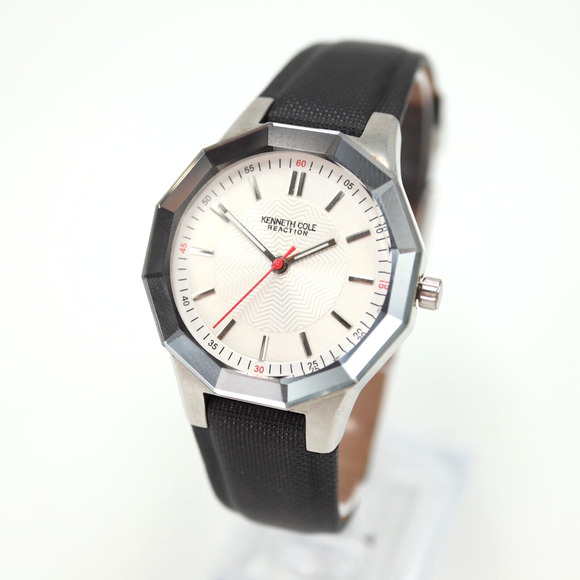 Kenneth Cole Reaction Watch 34mm Dodecagon Silver Tone Black Leather KC2471 - Picture 1 of 16